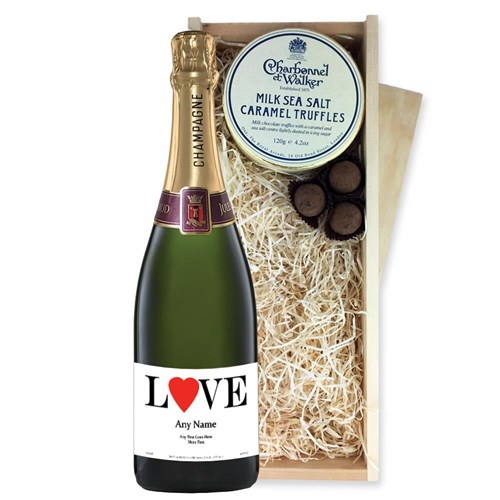 Personalised Champagne - Love Label And Milk Sea Salt Charbonnel Chocolates Box